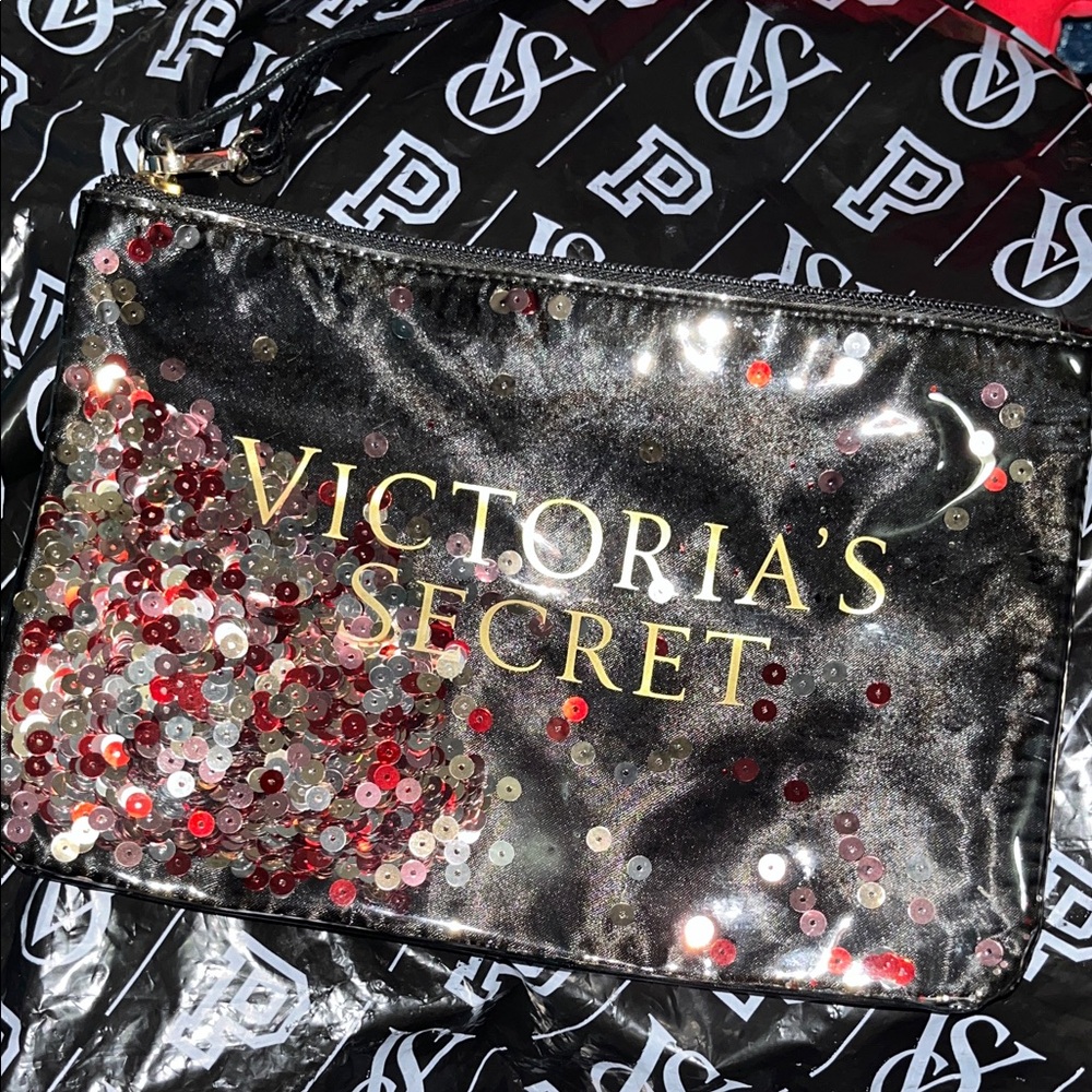 Victoria's Secret Black and Red Sequin Cosmetic Bag